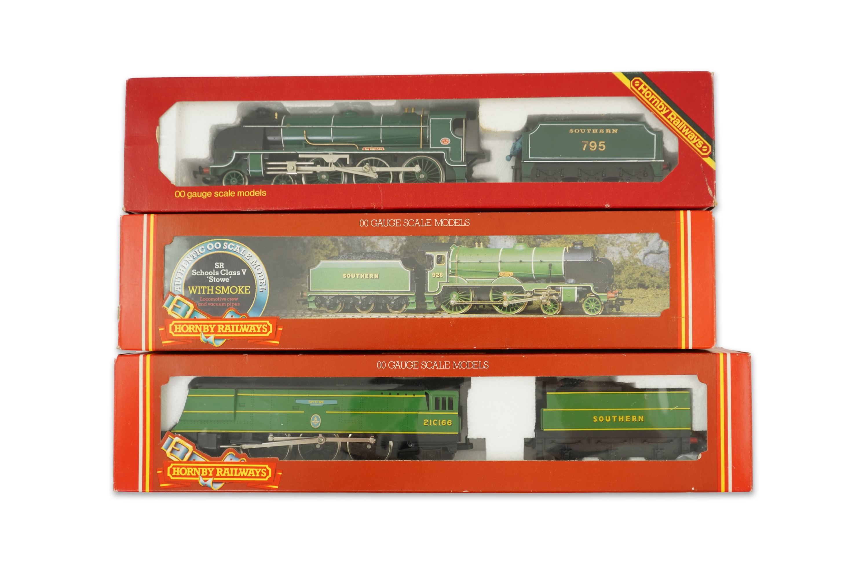 Three boxed Hornby Railways 00 gauge Sputhern Railway tender locomotives; a Battle of Britain Class, Spitfire 21C166, (R374), a Schools Class, Stowe 928, (R380), and a Class N15, Sir Dinadan 795 (R154)